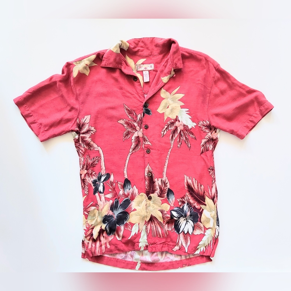 Caribbean Joe Floral Hawaiian Button Up Shirt Size Medium Red Cream